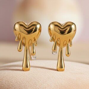 18K Gold Plated Stainless Steel Melting Drip Heart Statement Drop Earrings